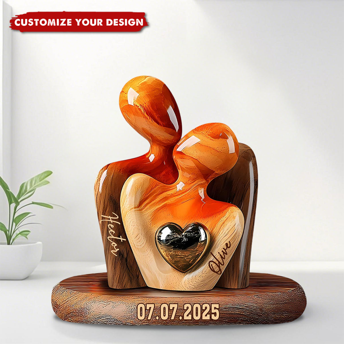 Elegant Couple Statue with Heart Inlay - Personalized Couple Plaque