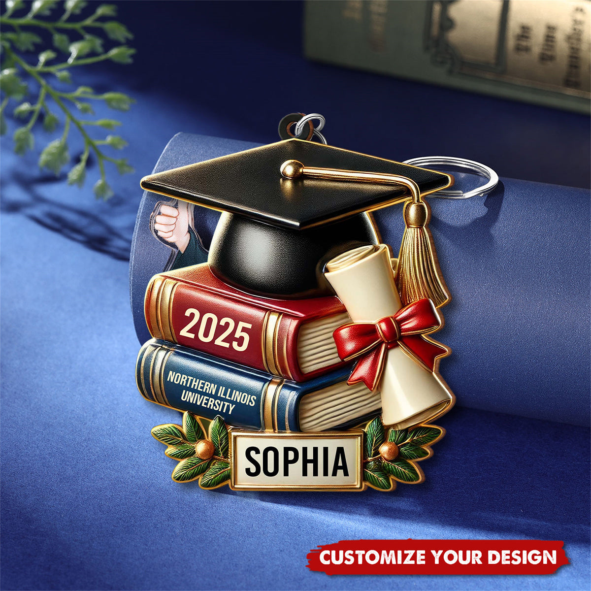 Personalized Graduation Cap, Books and Diploma Keychain, Gift for Graduates