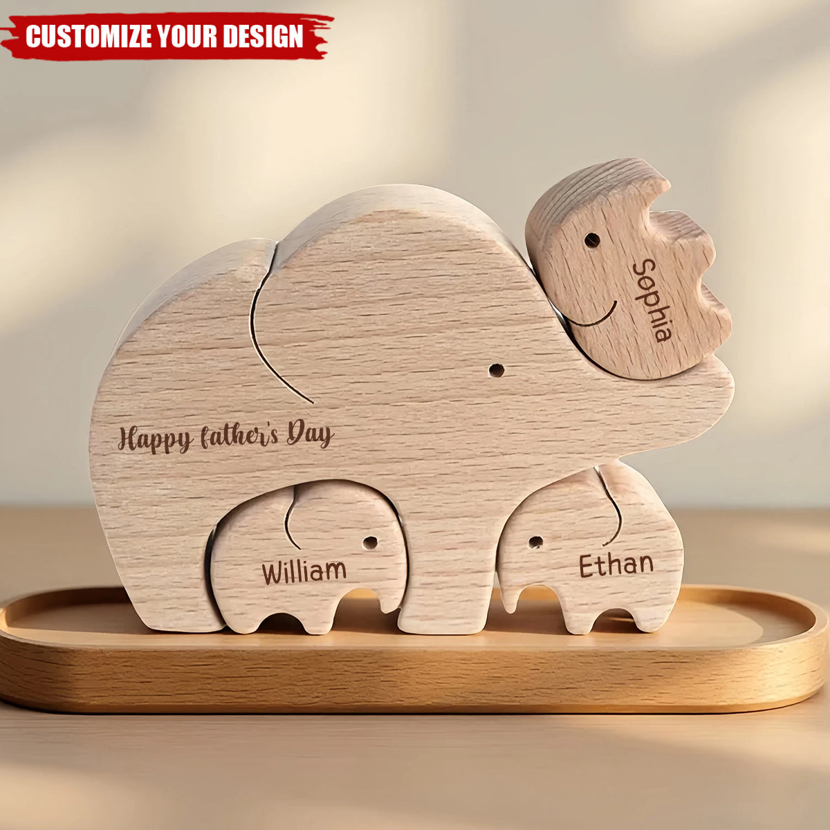 First Father's Day Gift - Personalized Wooden Elephant Dad And Baby Puzzle