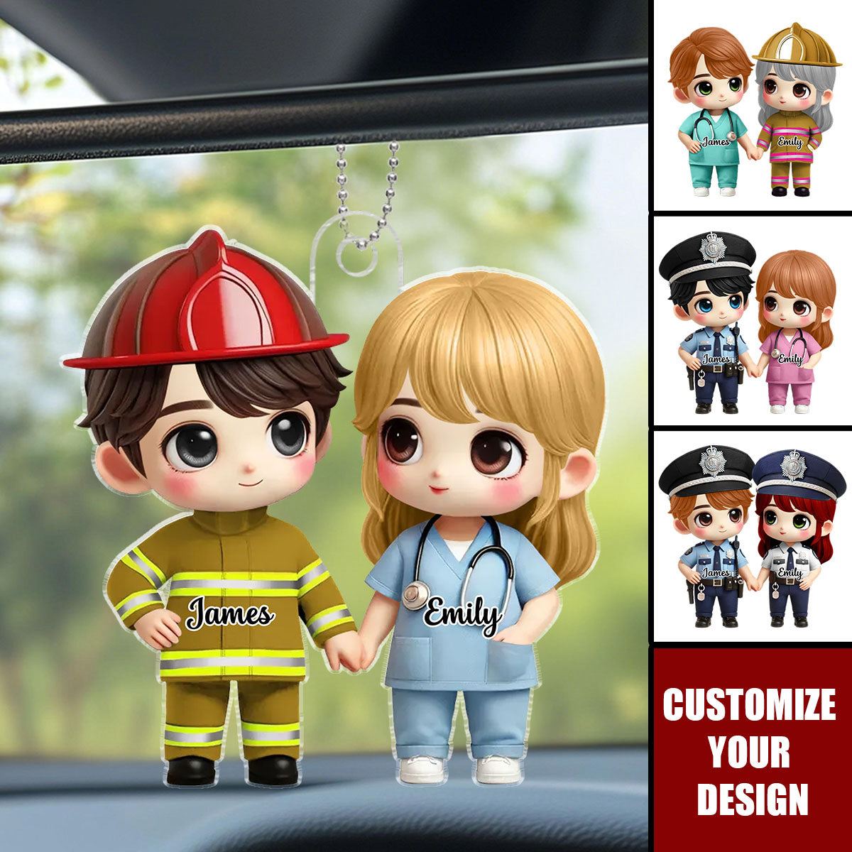 3D Effect Cute Cartoon Couple Gift by Occupation - Personalized Acrylic Car Hanger