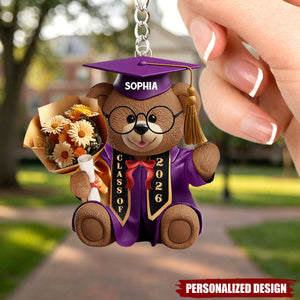 Personalized Graduation Bear Keychain, Custom Name Class Year Gift for Graduate