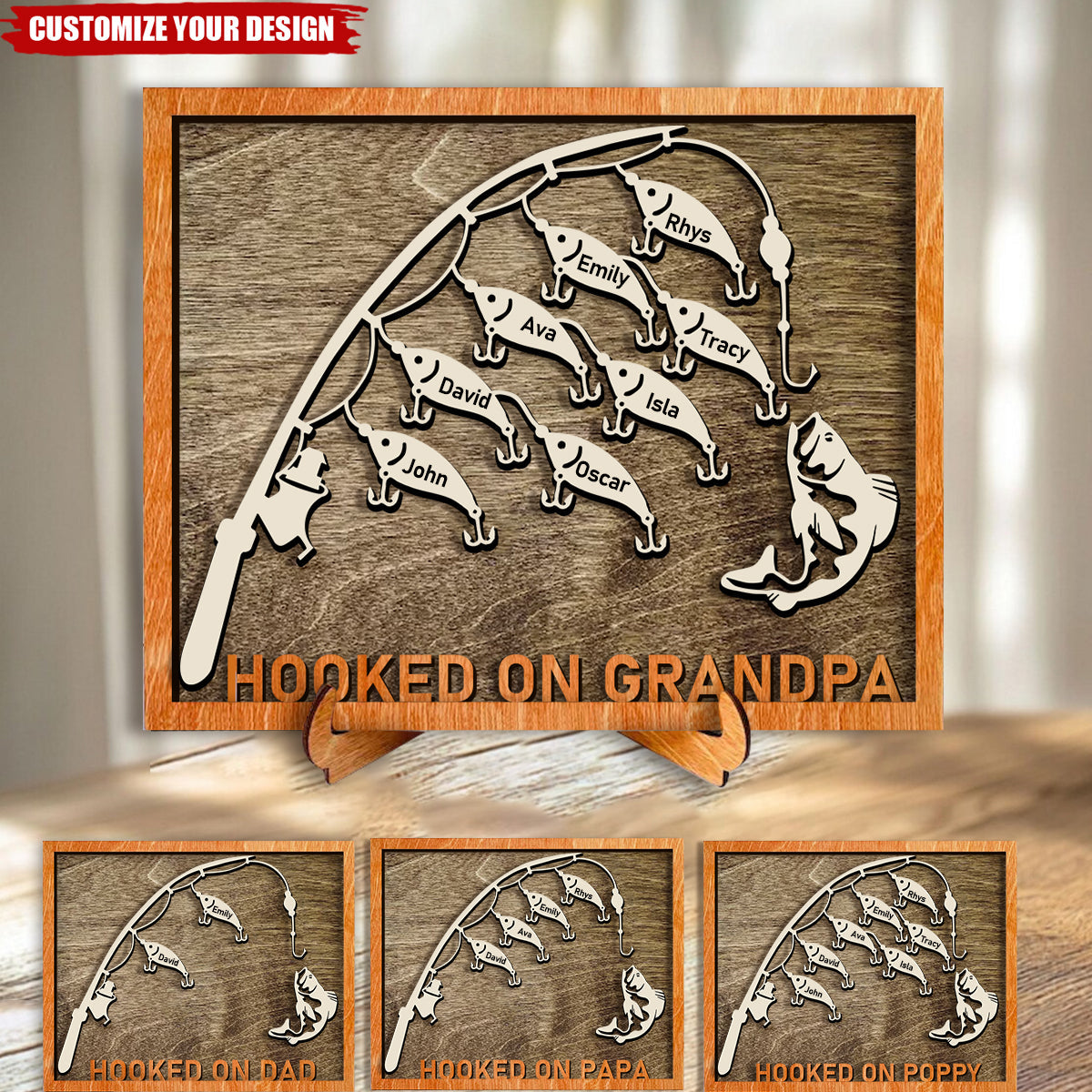 Hooked on Papa, Grandpa - Personalized 2-Layered Wooden Plaque With Stand