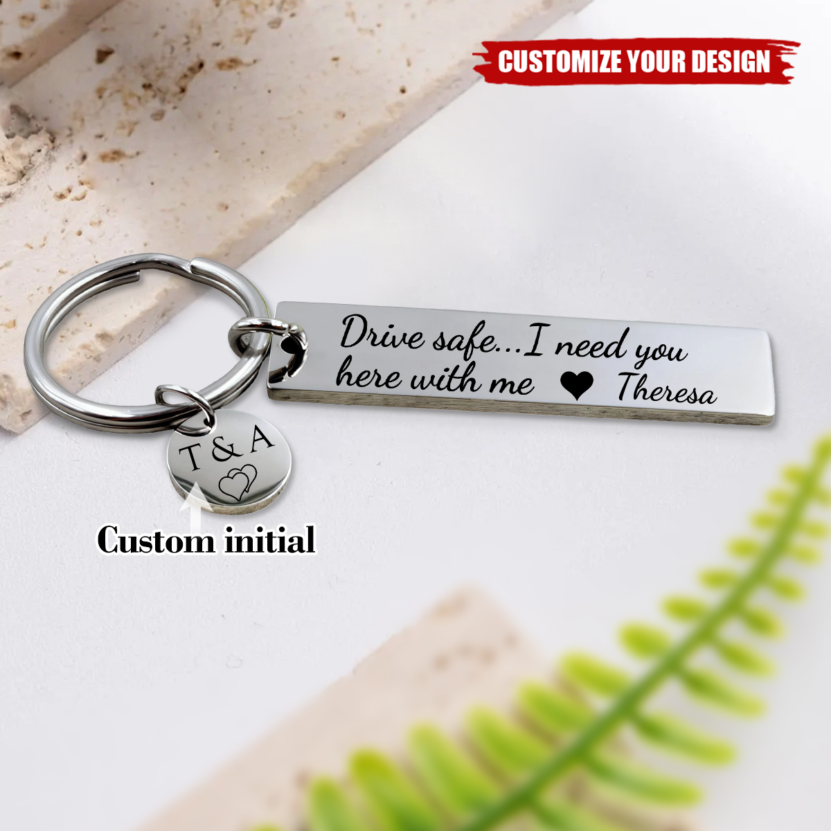 Drive Safe Keychain with Initial Tag, Personalized Couples Keychain