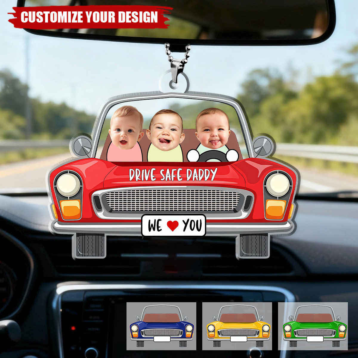 Personalized Kids Photo Car Hanging Ornament, Drive Safe Gift for Dad