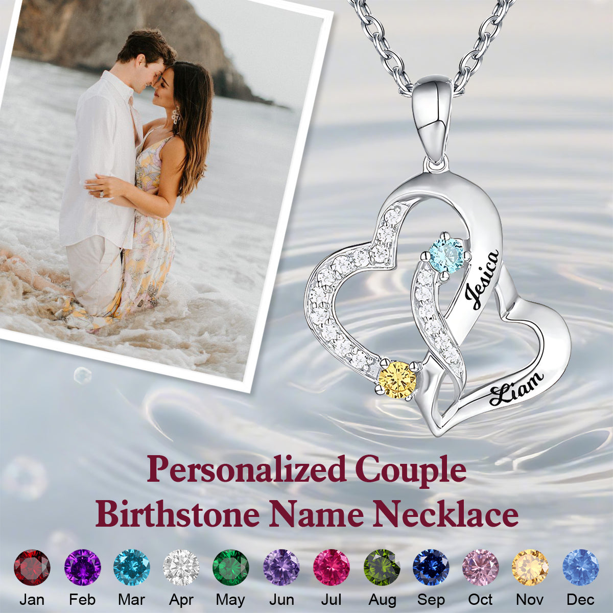 Personalized Couple Birthstone Name Necklace
