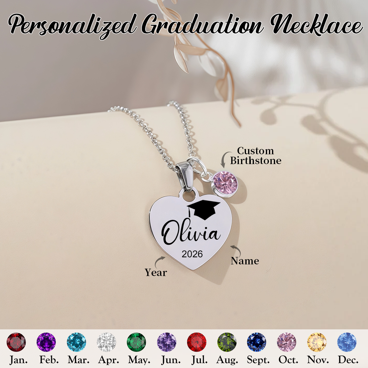 Personalized Graduation Birthstone Necklace,Gift for Graduates