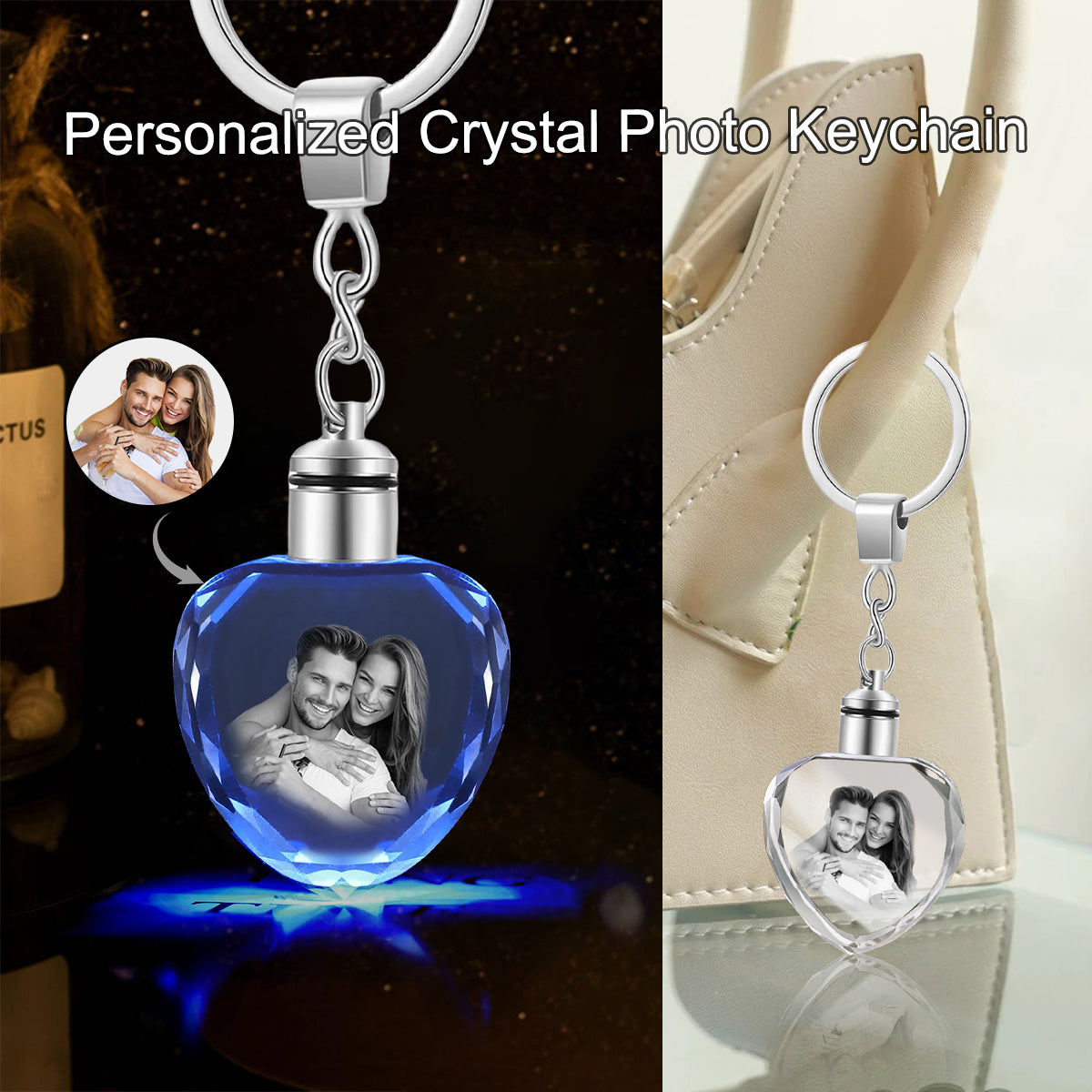 Personalized Custom Photo Keychain with LED Light, Laser Etched Memorial Gift
