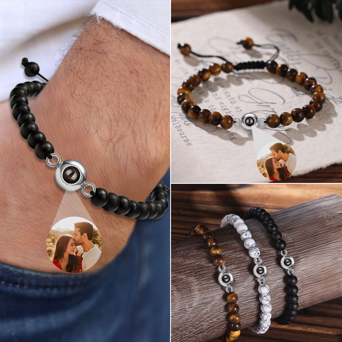 Personalized Projection Photo Beaded Bracelet, Gift for Him