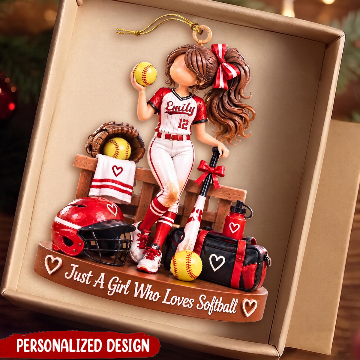 Custom Softball Girl Ornament, Custom Name & Number Softball Player Gifts