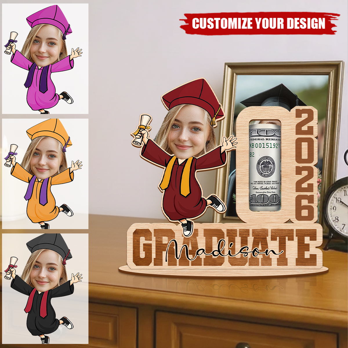 Funny Graduation Gift 2026, Custom Face Wooden Standee with Name & Money Holder