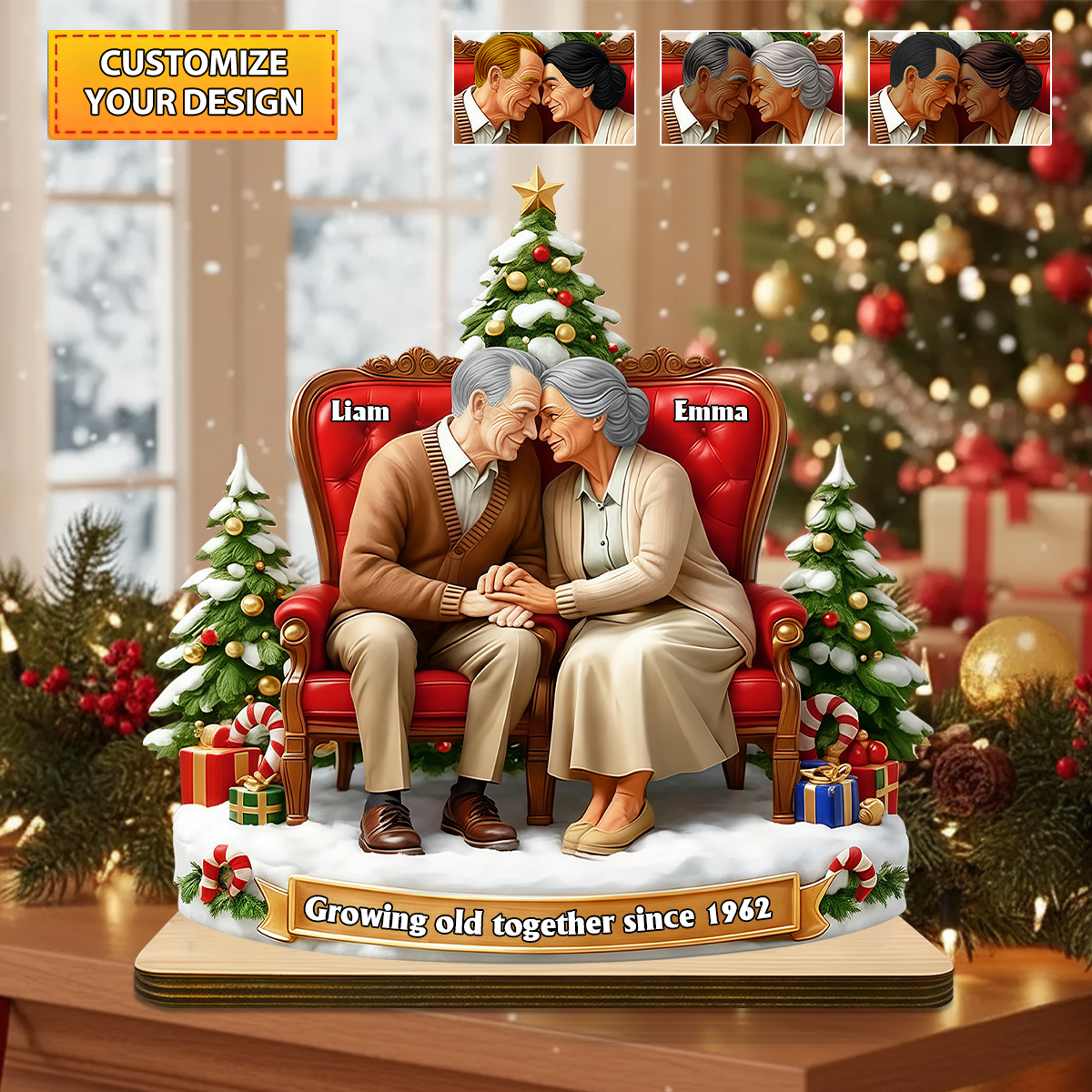 Old Couple Sitting Growing Old Together - Personalized Wooden Plaque