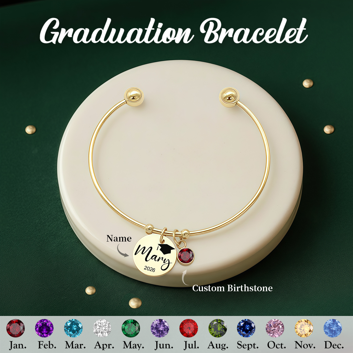 Personalized Graduation Birthstone Adjustable Bracelet, Gift for Graduates