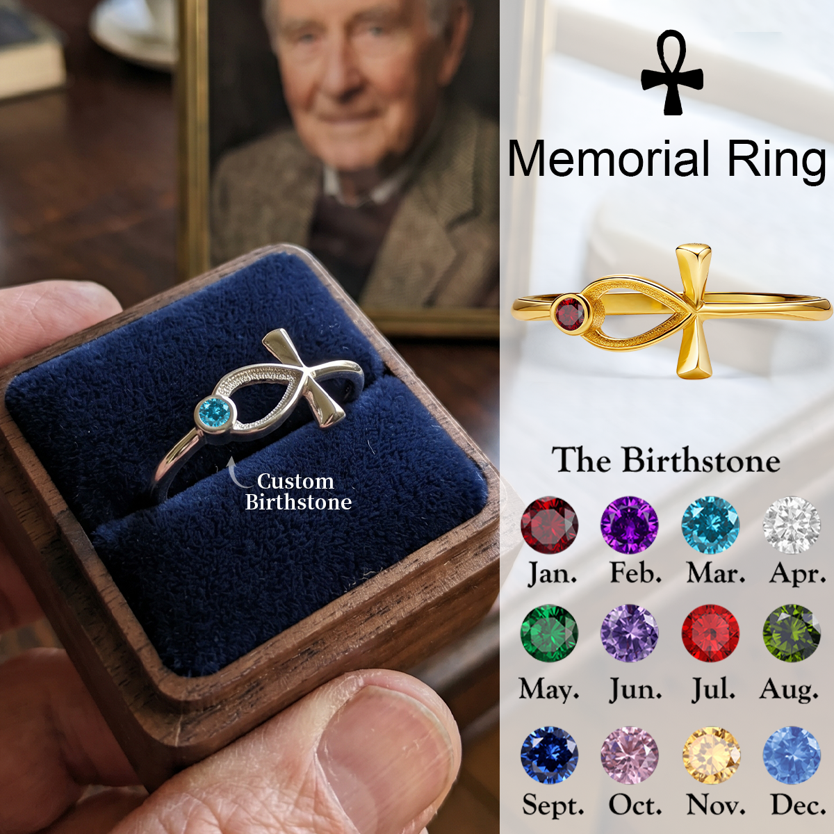 Forever In My Heart, Personalized Cross Birthstone Memorial Ring