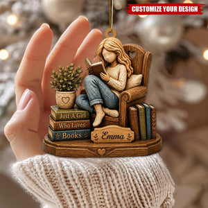 Personalized Book Lover Ornament, Custom Name Reading Girl Ornament