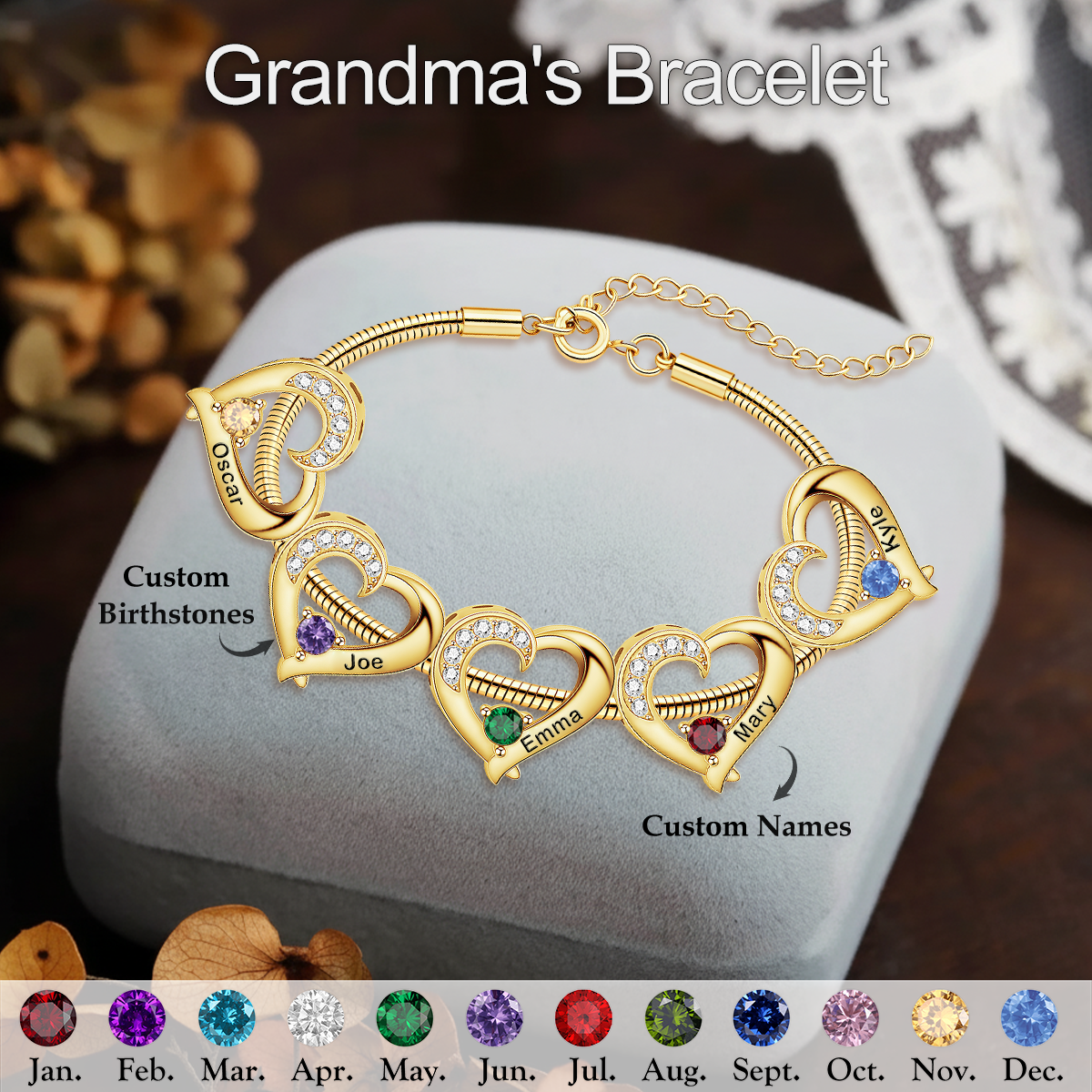 Personalized Custom Name Heart Birthstone Bracelet