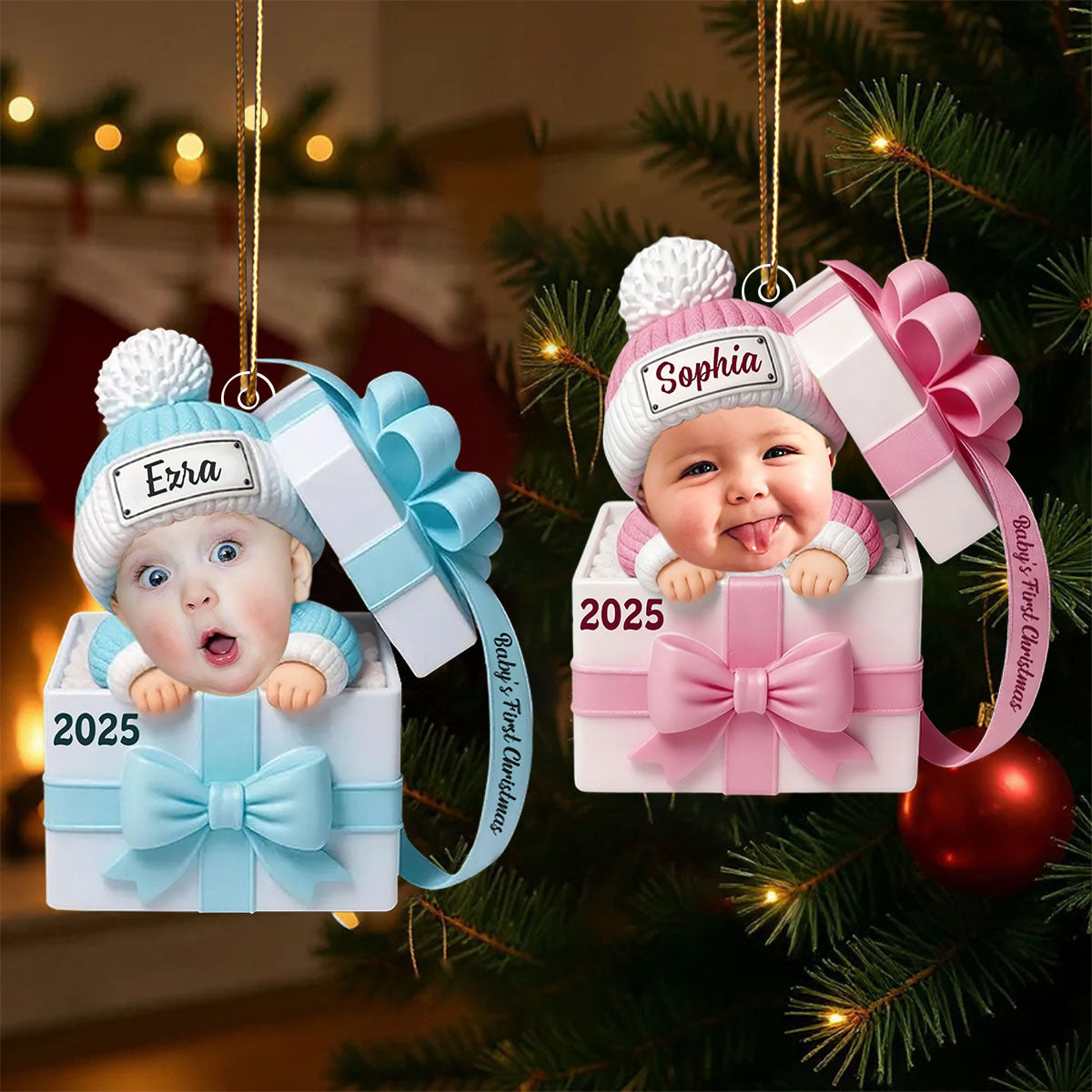 Custom Name & Year Gift Box Decoration, Newborn Acrylic Ornament