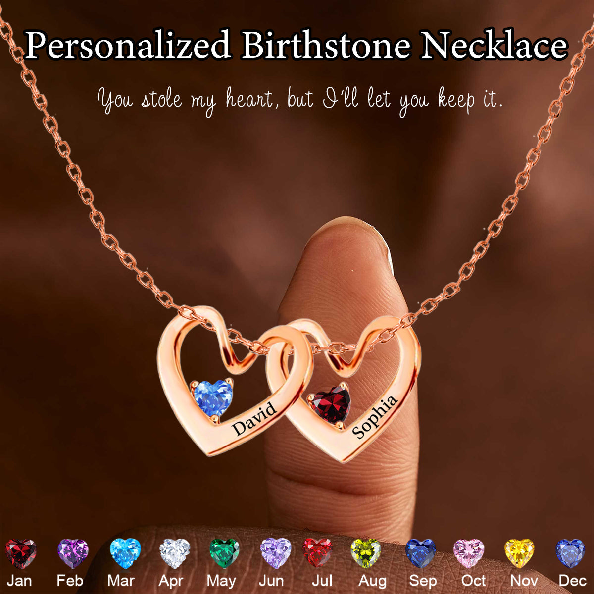 Personalized Heart Name Birthstone Necklace For Couple