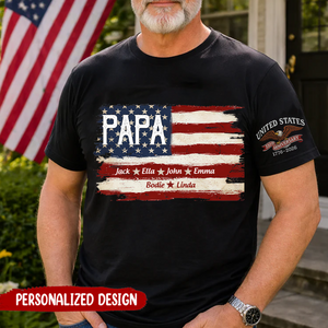 Personalized Papa American Flag Shirt with Kids Names