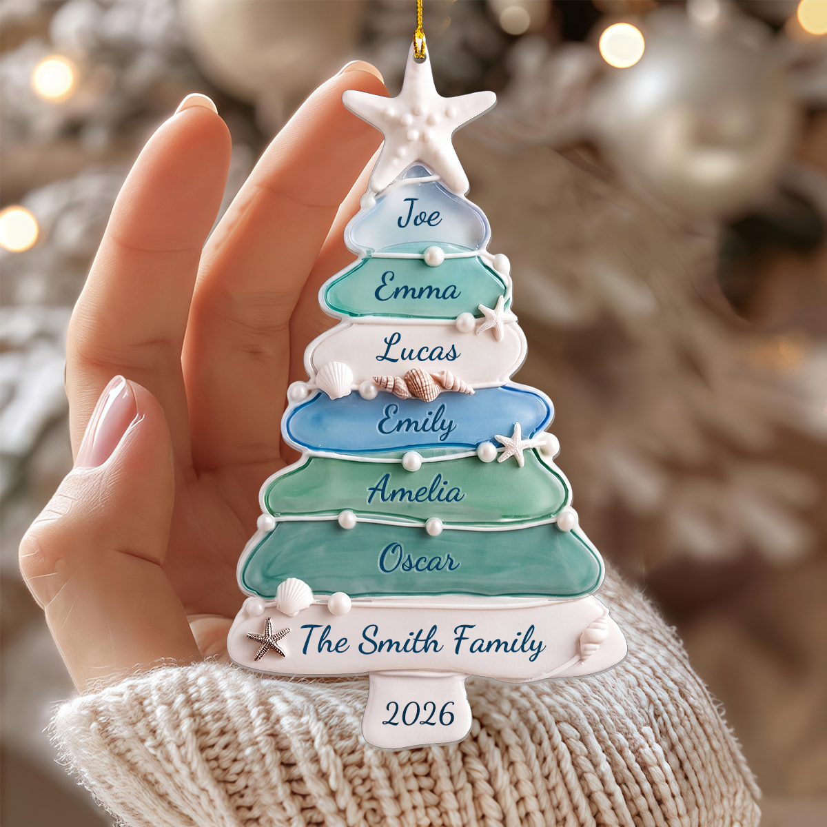 Personalized Sea Glass Tree Beach Family Christmas Ornament