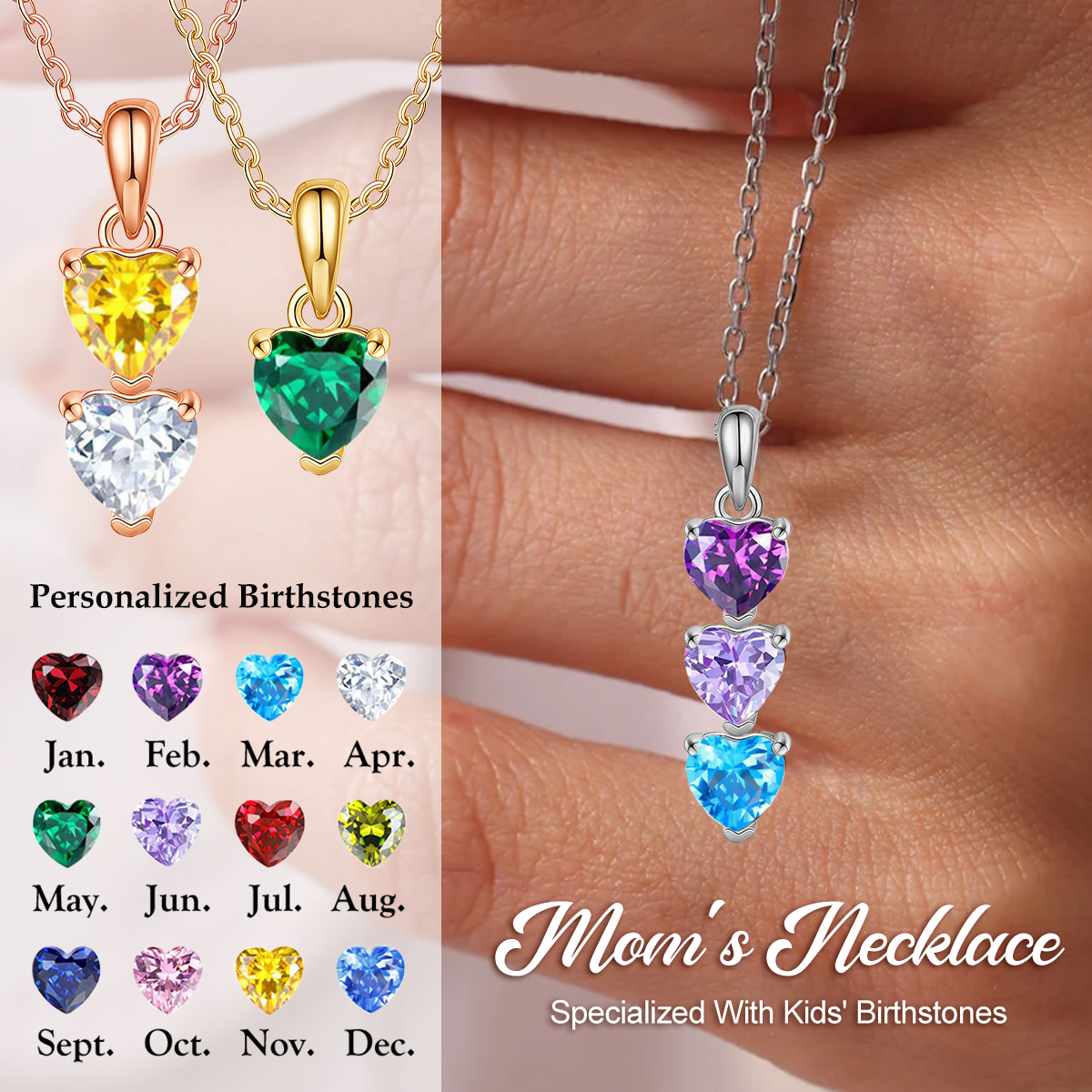 Personalized Birthstone Heart Necklace, Gift For Grandma Mom