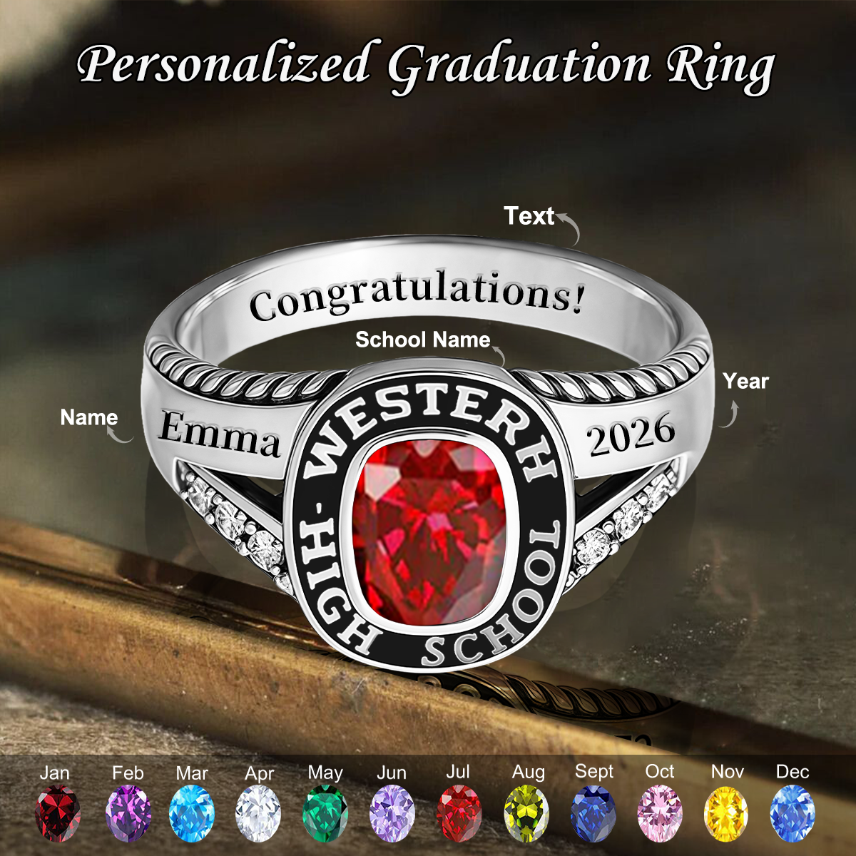 Personalized Engraved Birthstone Graduation Ring Gift for Graduates