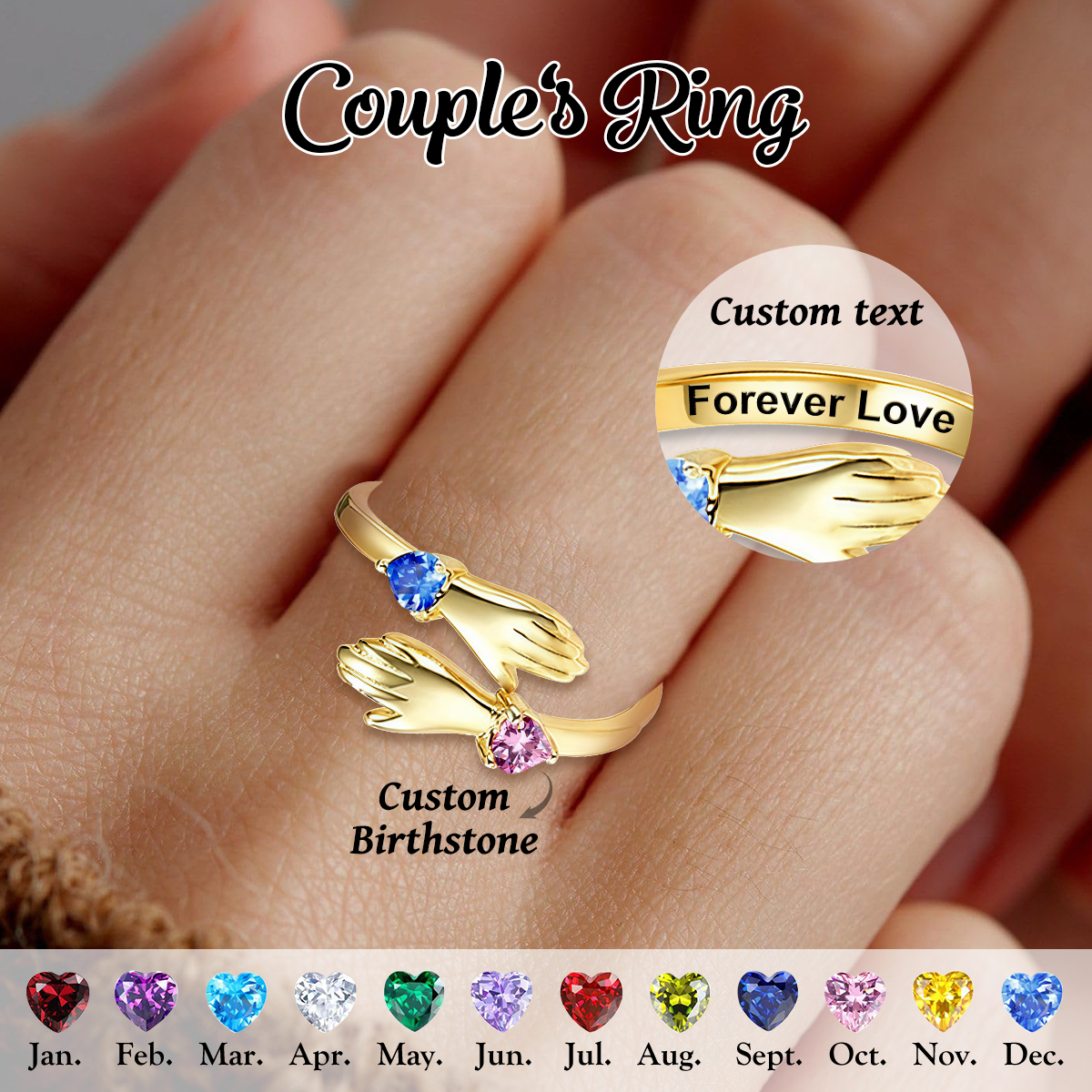 Personalized Double Birthstone Hug Couple Ring