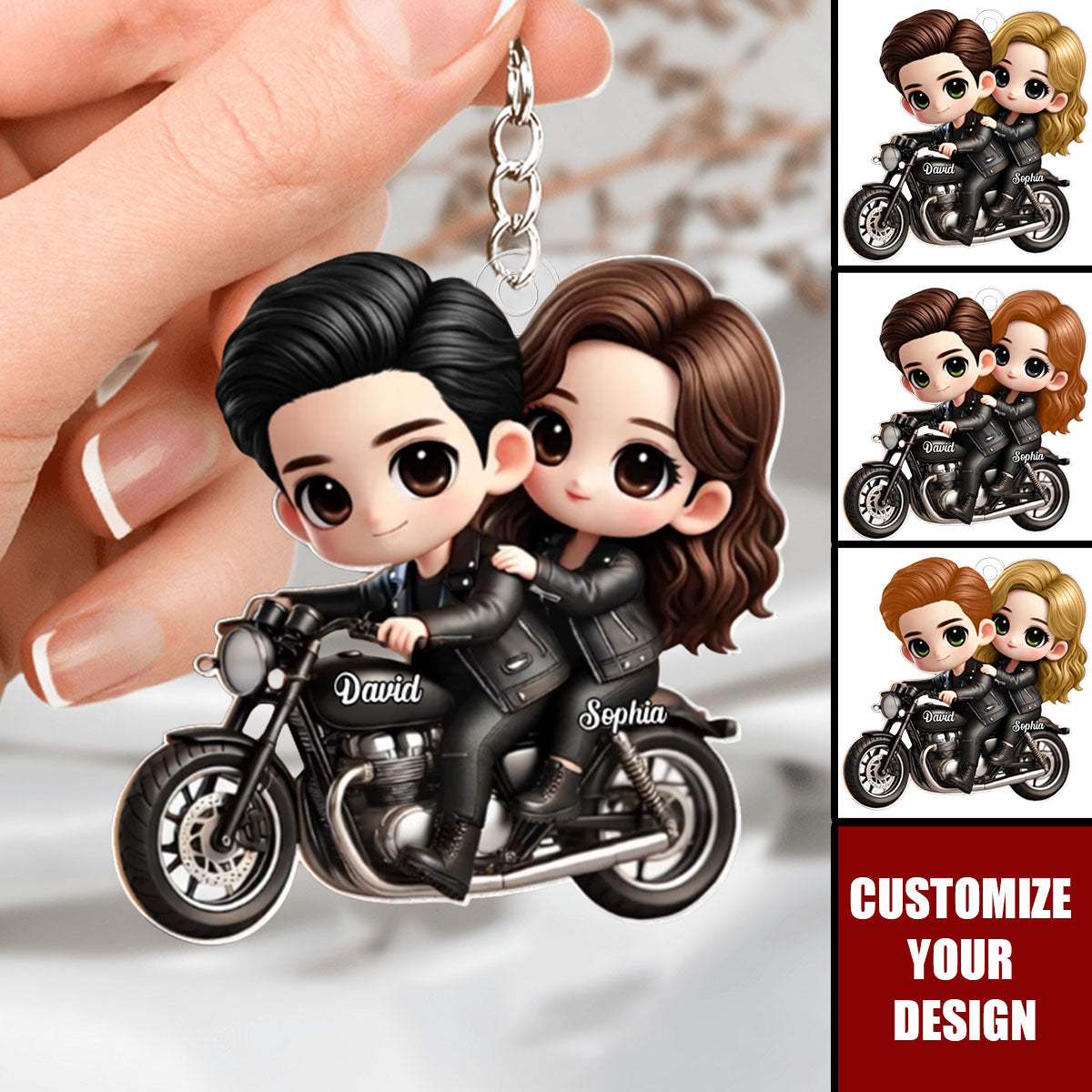 Cute Cartoon Couple Motorcycle Personalized Acrylic Keychain - Anniversary Gift