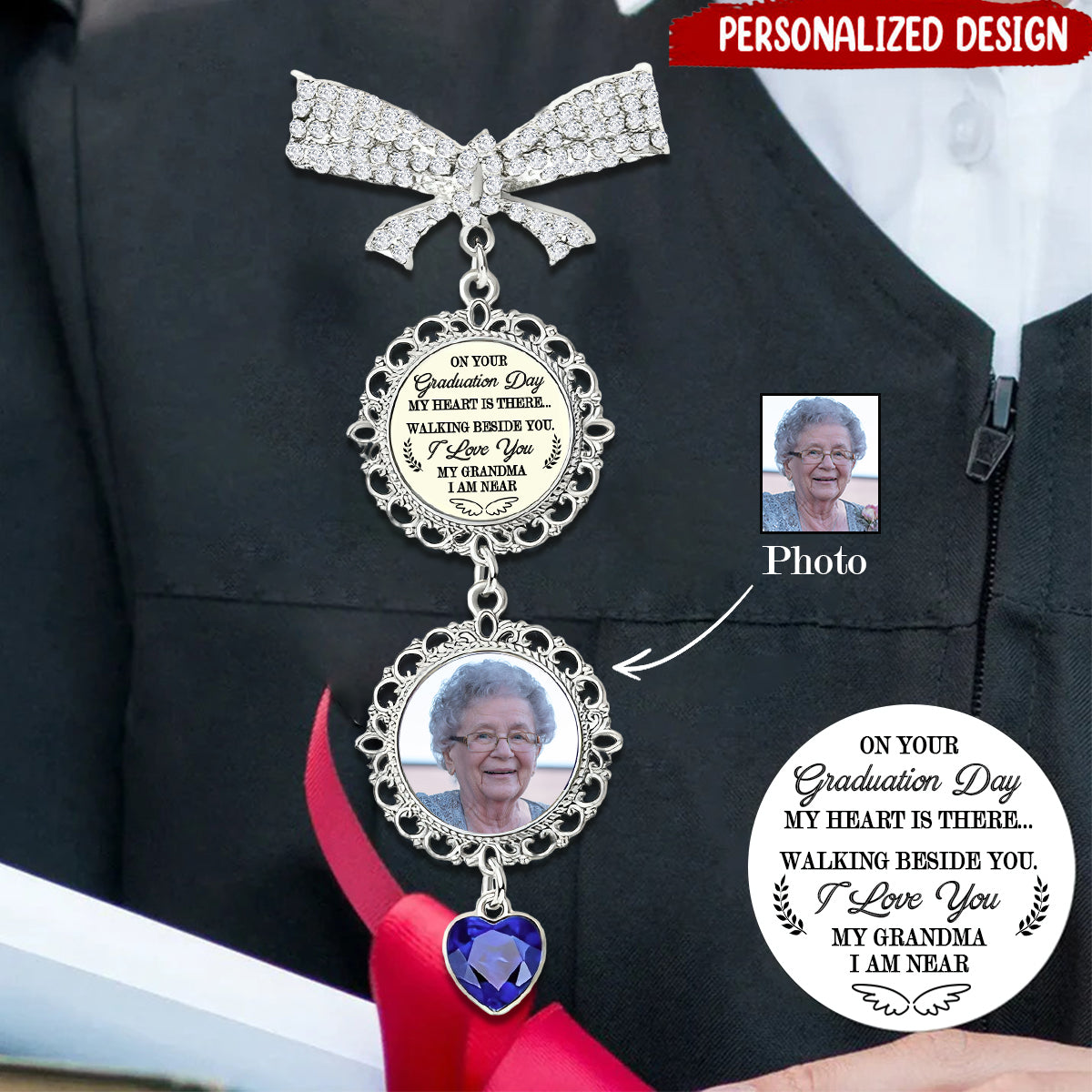 Memorial Photo Charm - Personalized Graduation Lapel Pin With Birthstone