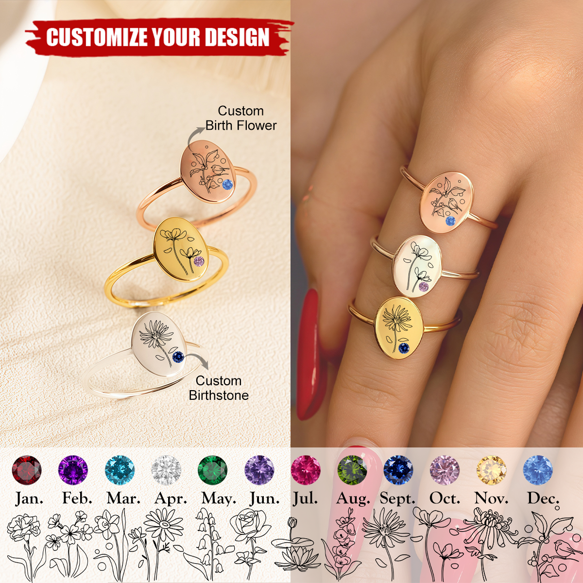 Personalized Engraved Birth Flower Birthstone Ring