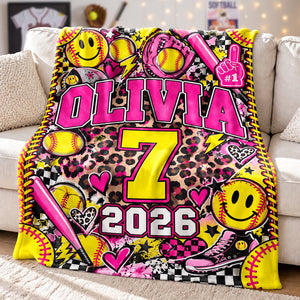 Personalized Softball Girl Blanket, Custom Name & Player Number Gift