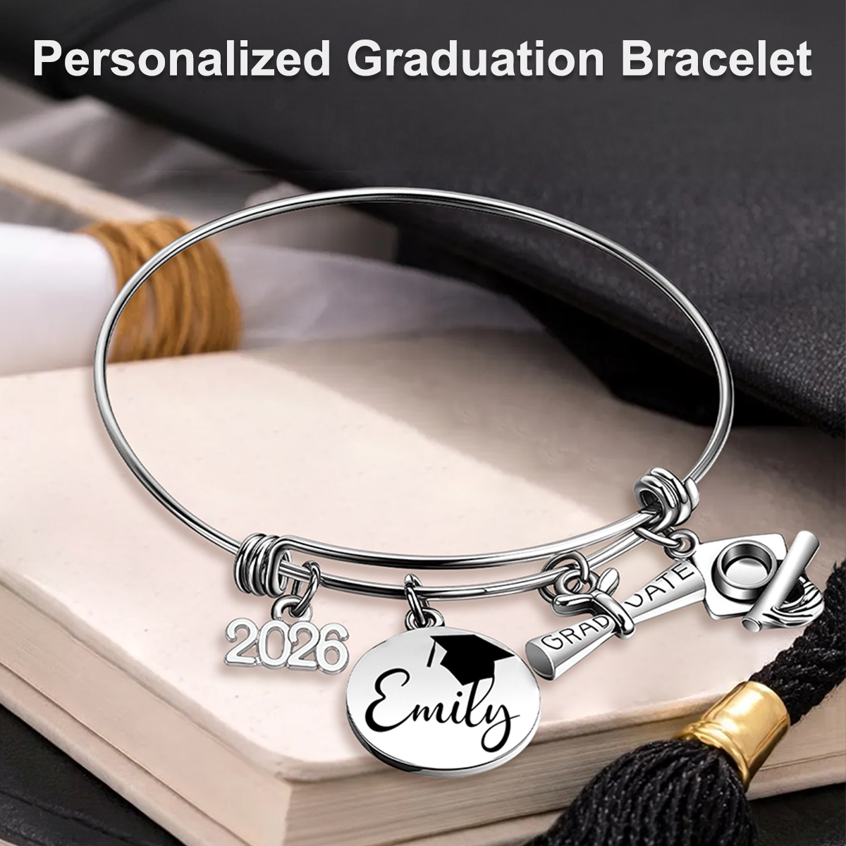 Personalized Graduation Bracelet Bangle, Class of 2026