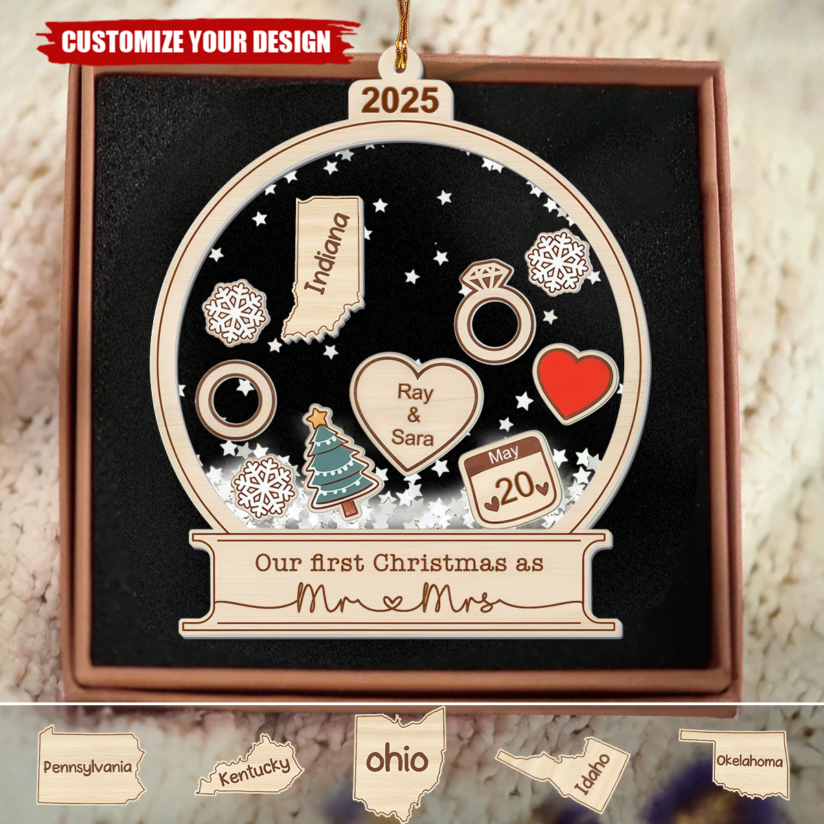 Personalized First Christmas Married Ornament, Newlywed Couple Gift