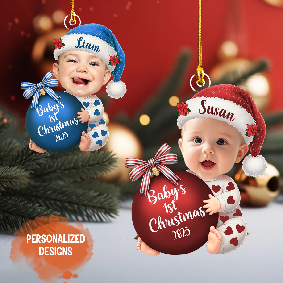 3D Effect Cute Baby Beside Christmas Bauble, Baby's 1st Christmas Personalized Ornament