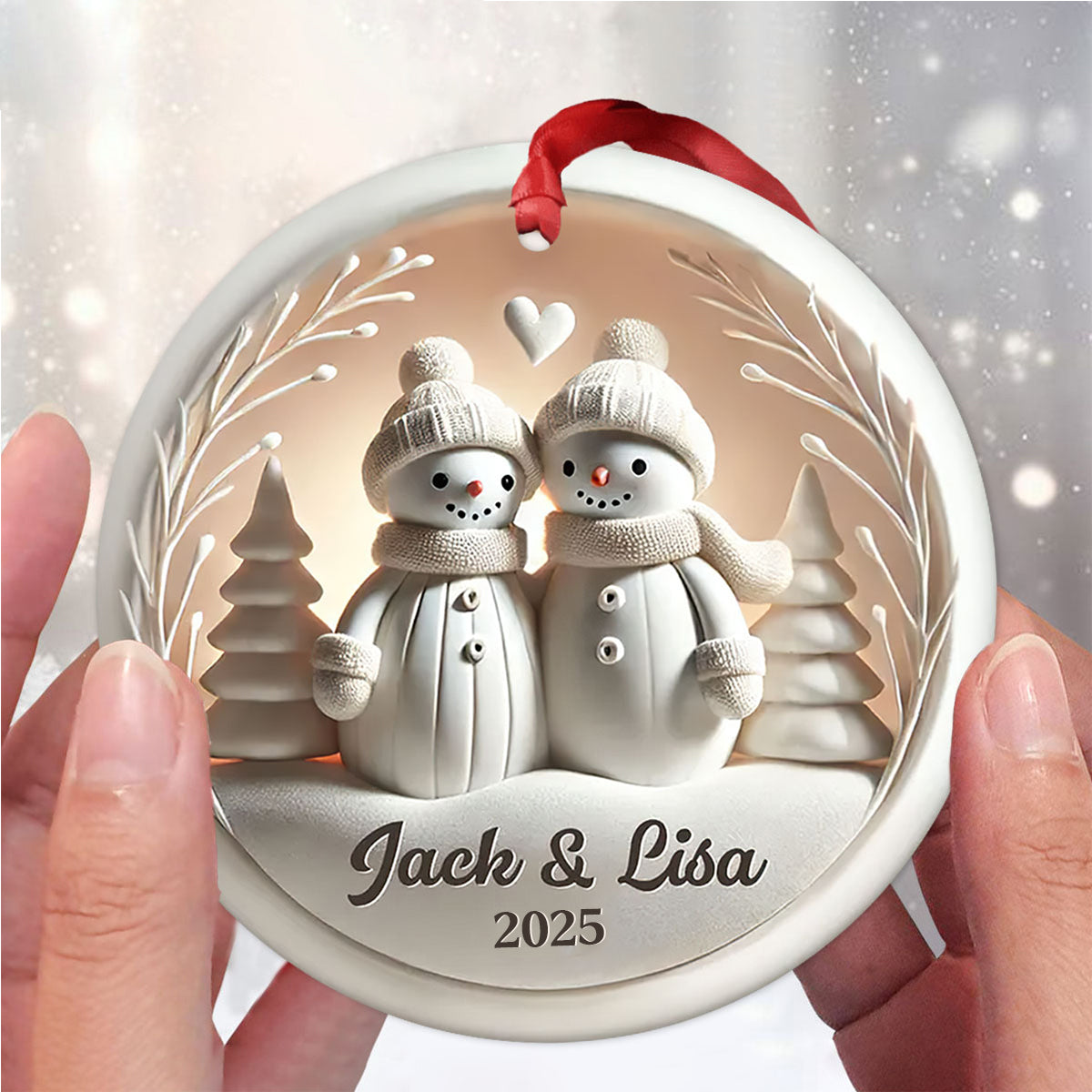 Personalized Snowman Couple White 3D Effect Ceramic Ornament