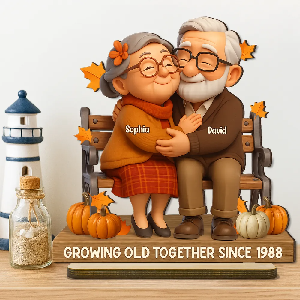 Old Couple Sitting Hugging Personalized Standing Wooden Plaque