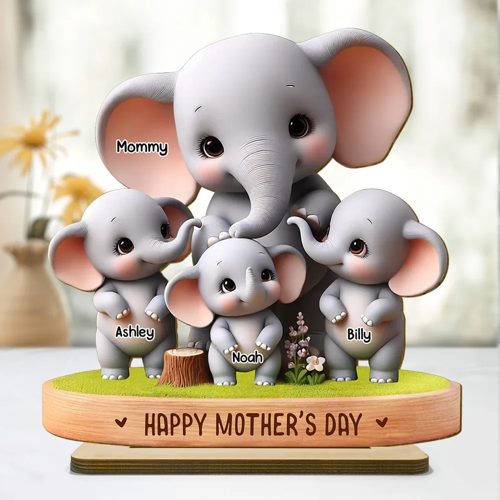 Cute Elephant Mama Grandma With Kids Custom Shaped Personalized Standing Wooden Plaque