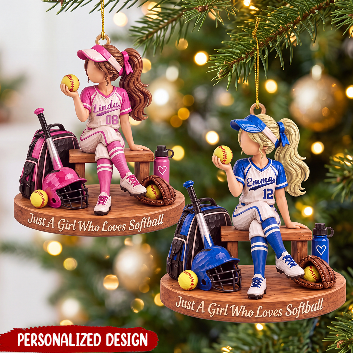 Personalized Softball Girl Ornament, Custom Name & Number Christmas Tree Decor