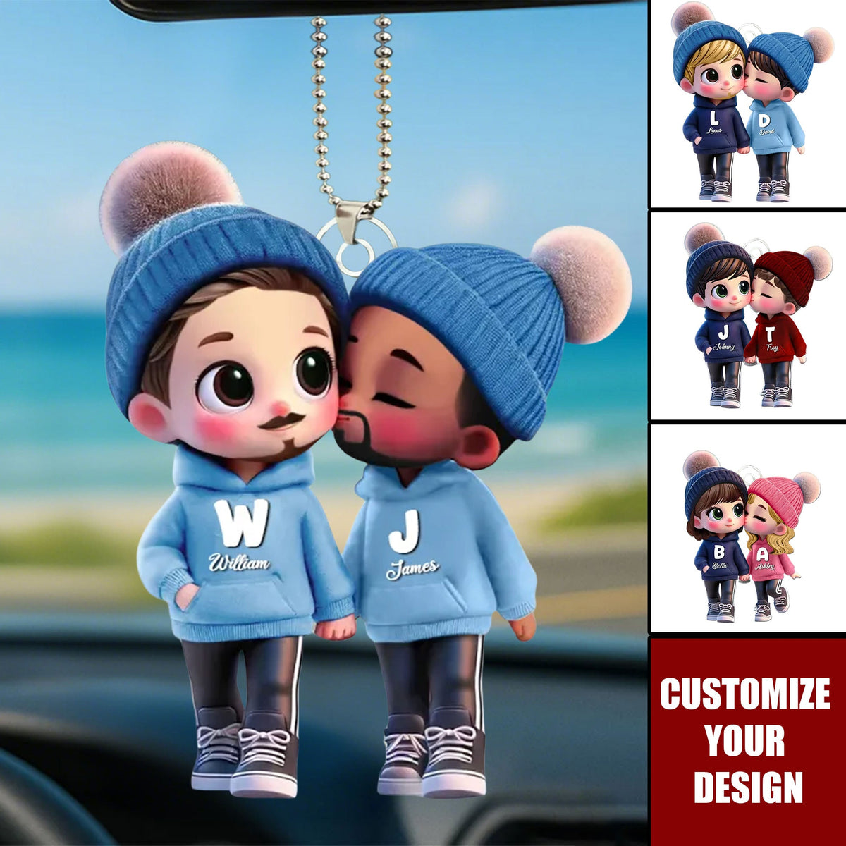 3D Effect Cute LGBTQ Cartoon Couple Personalized Acrylic Car Ornament
