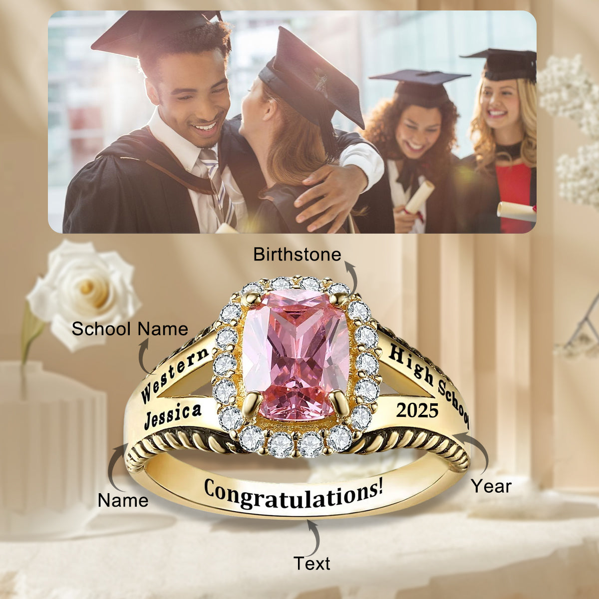 Customized High School College University Birthstone Class Ring