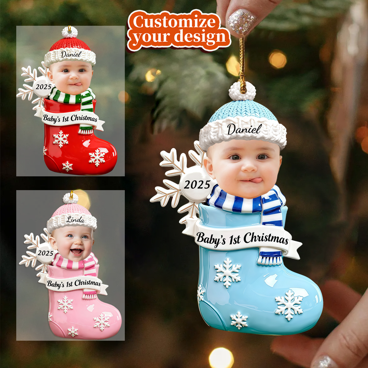Personalized Baby’s First Christmas Snowman in Stocking Ornament