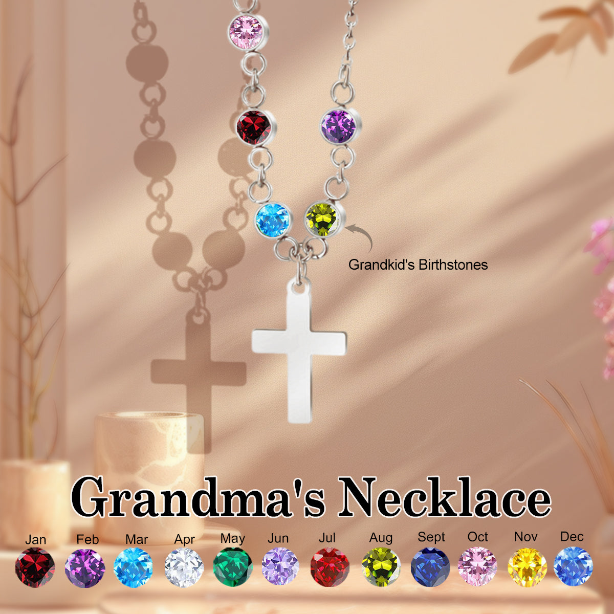 Personalized Cross Birthstone Necklace For Mom Grandma