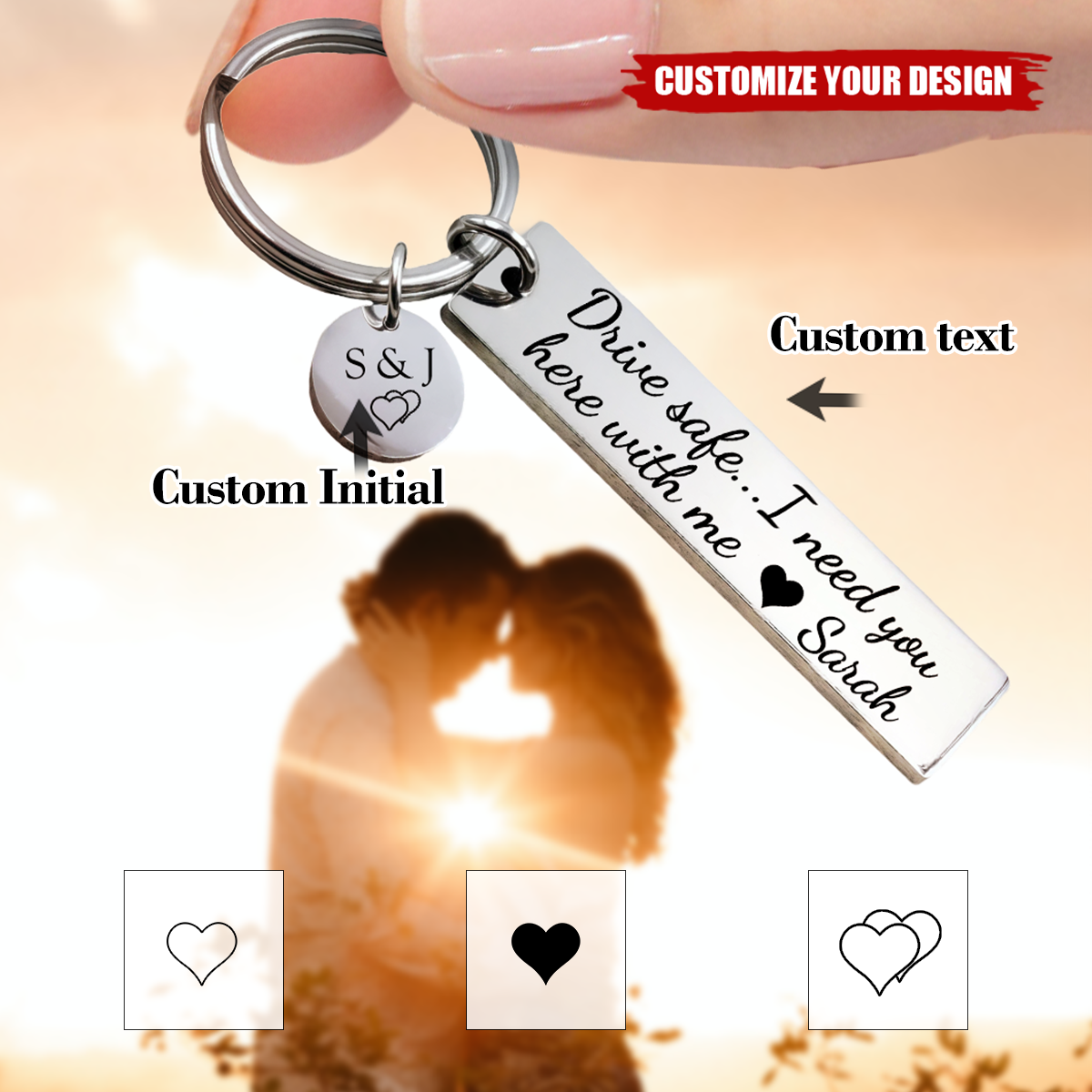 Drive Safe Keychain with Initial Tag, Personalized Couples Keychain