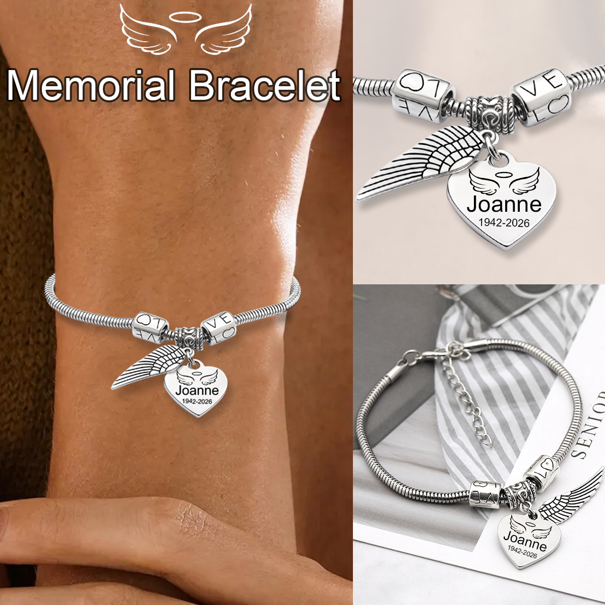 Always In My Heart, Personalized Angel Wings Memorial Bracelet