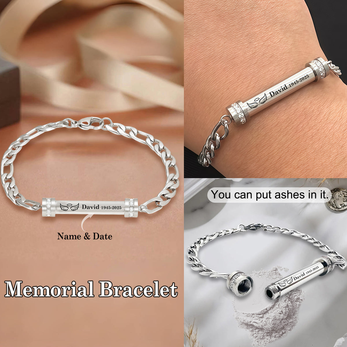 Personalized Stainless Steel Memorial Angel Wings Urn Bracelet