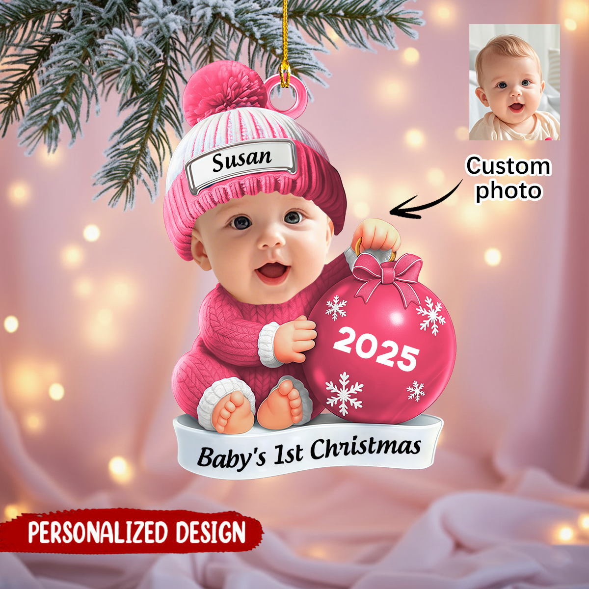 Personalized Baby Beside Christmas Bauble First Christmas Acrylic Ornament