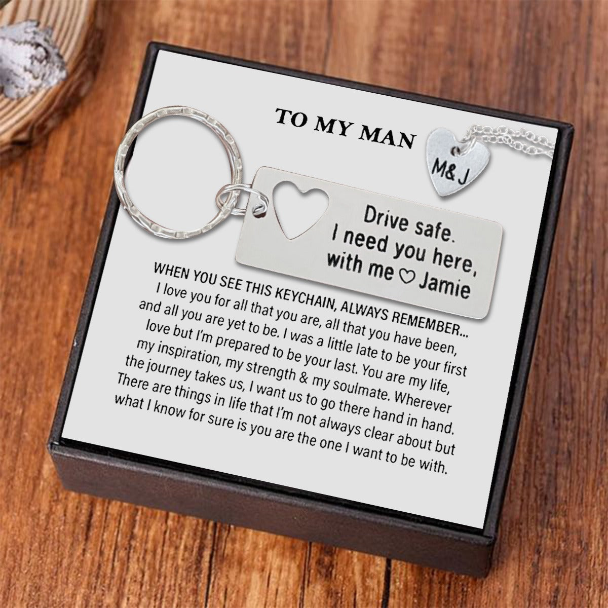 Drive safe, I need you here with me engraved keychain and necklace set