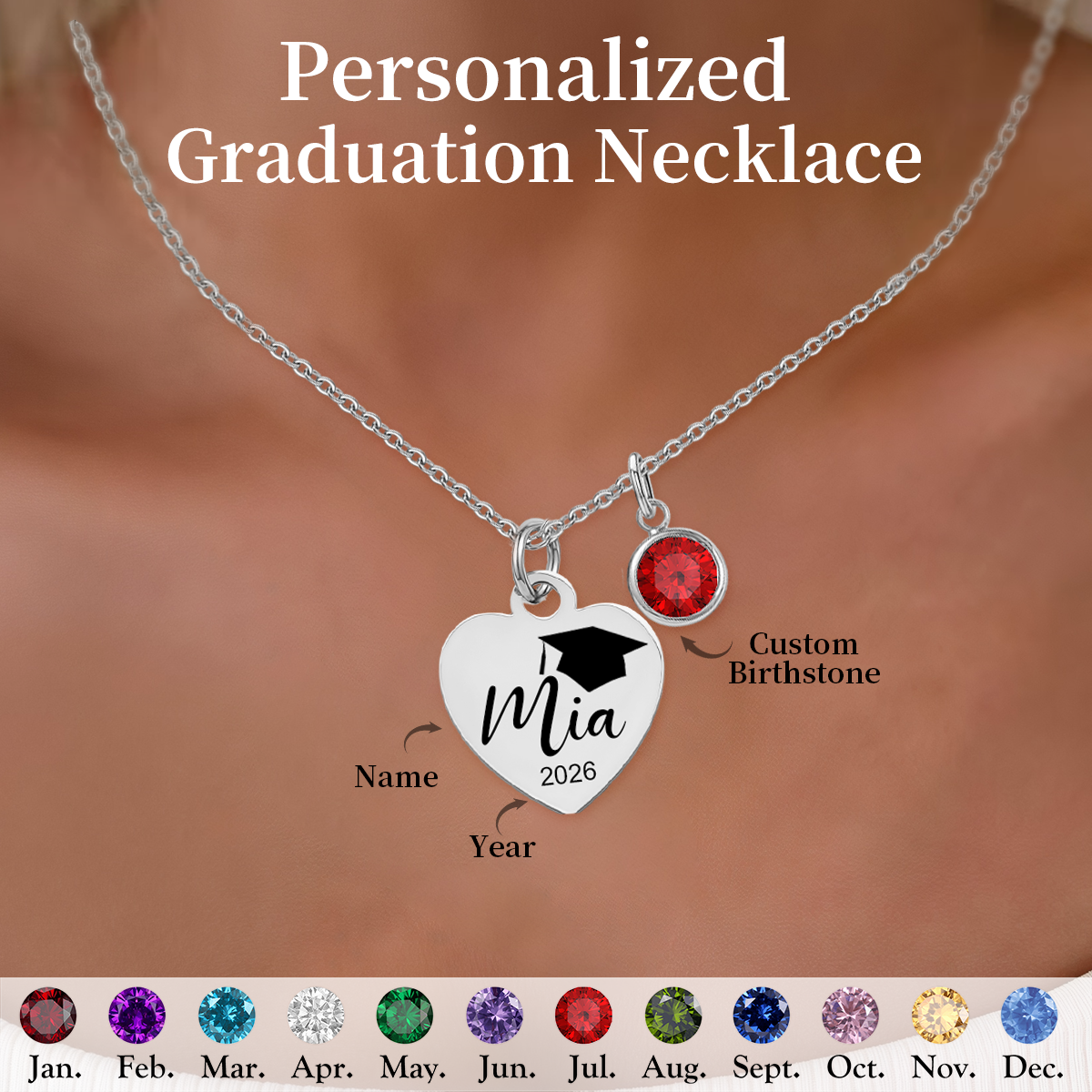 Personalized Graduation Birthstone Necklace,Gift for Graduates