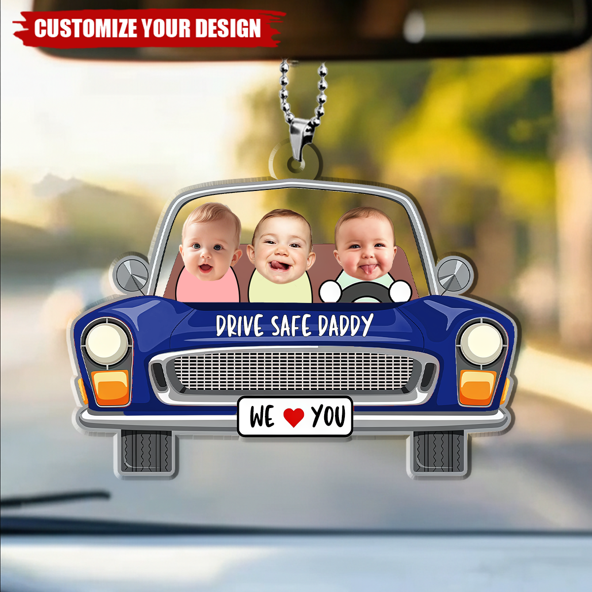 Personalized Kids Photo Car Hanging Ornament, Drive Safe Gift for Dad