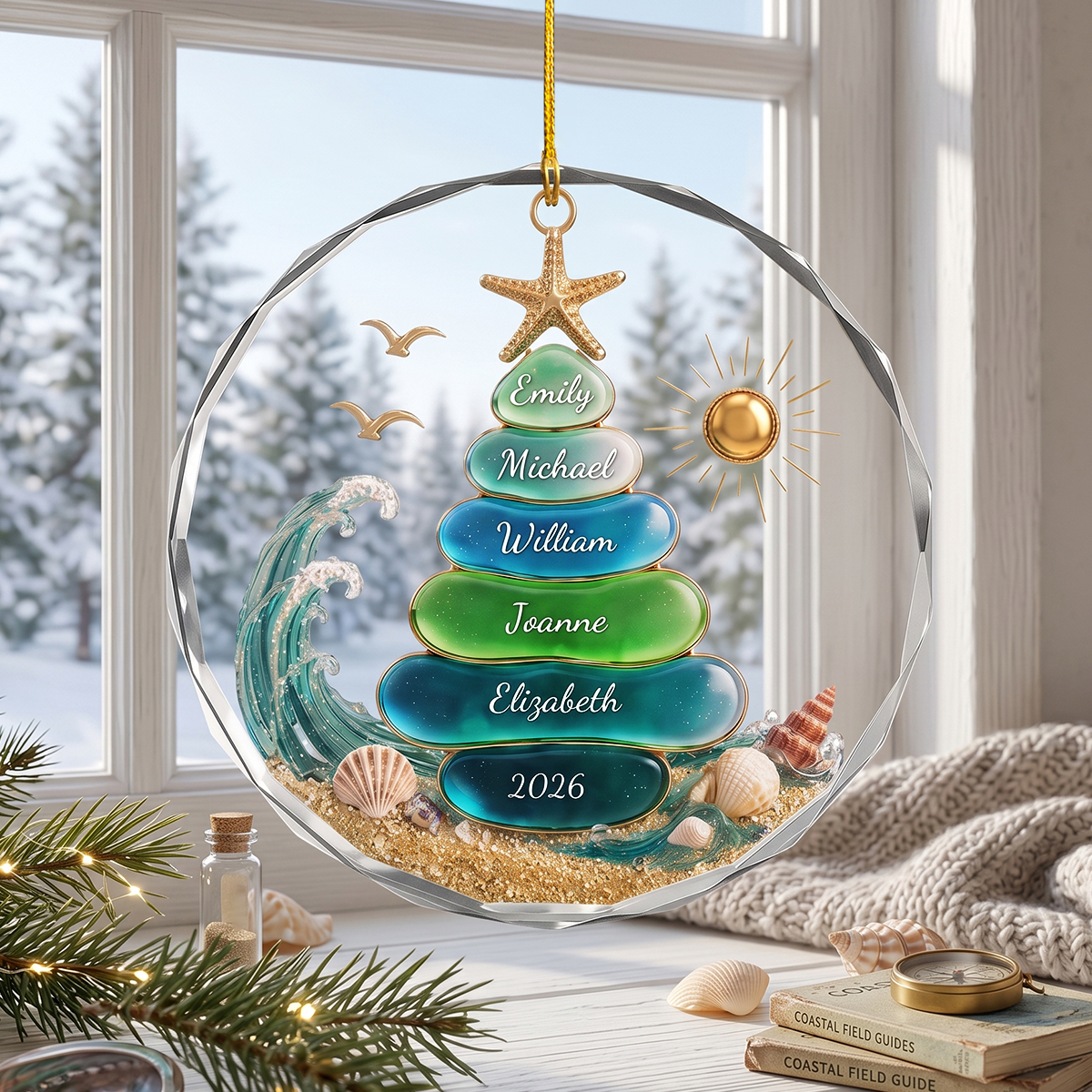 Personalized Sea Glass Christmas Tree 2026 Ornament, Coastal Ornament