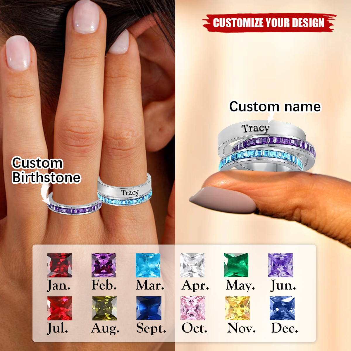 Personalized Engraved Stacking Birthstone Ring in Stainless Steel